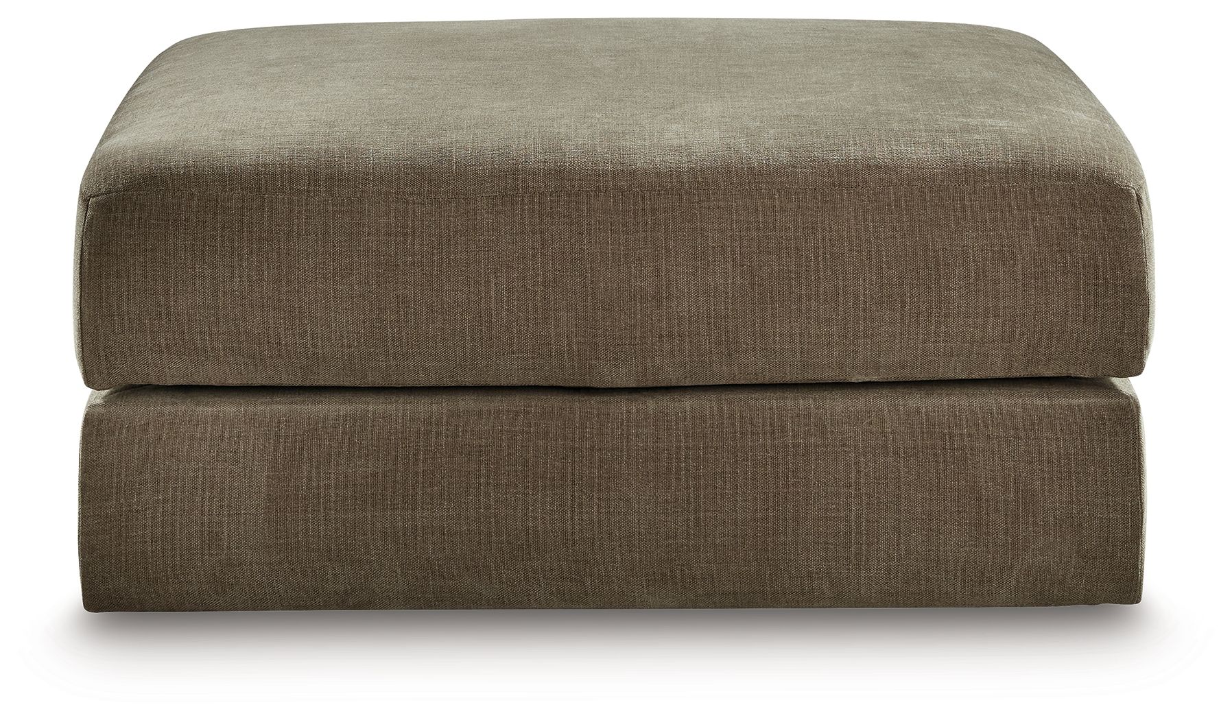 Coffee-toned fabric storage ottoman with square padded top and buttoned look