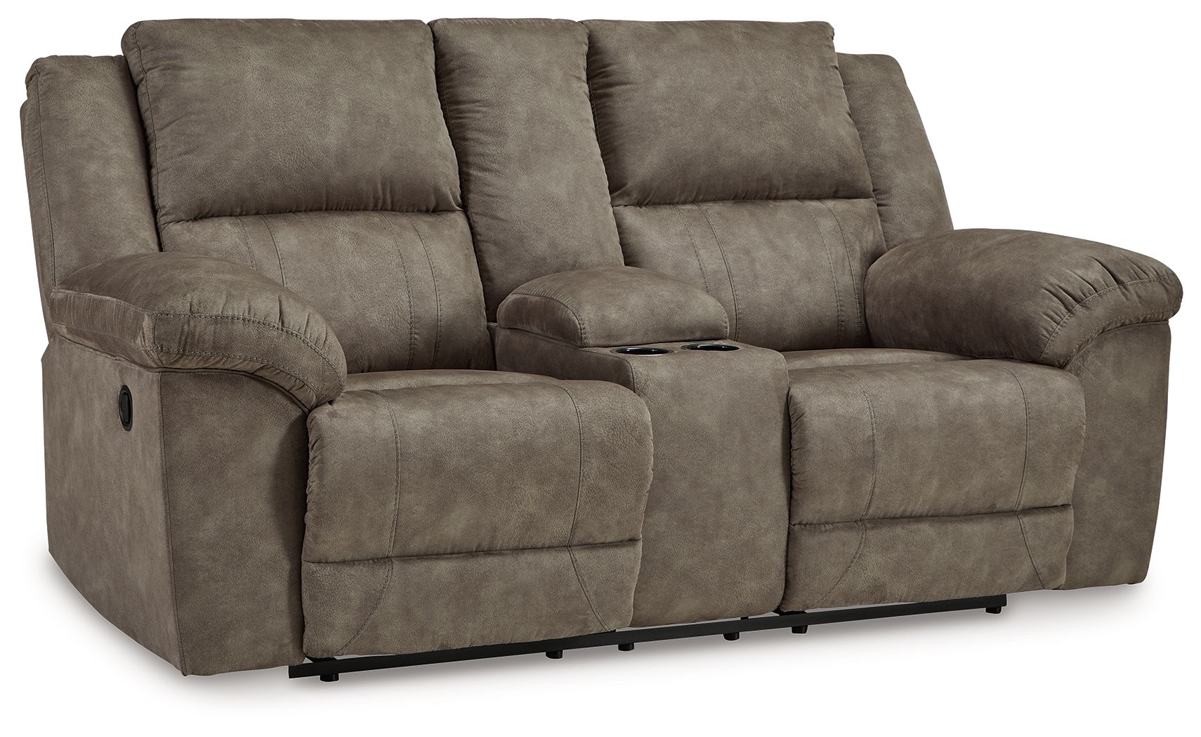 Reclining loveseat with center console in dark gray fabric, padded armrests