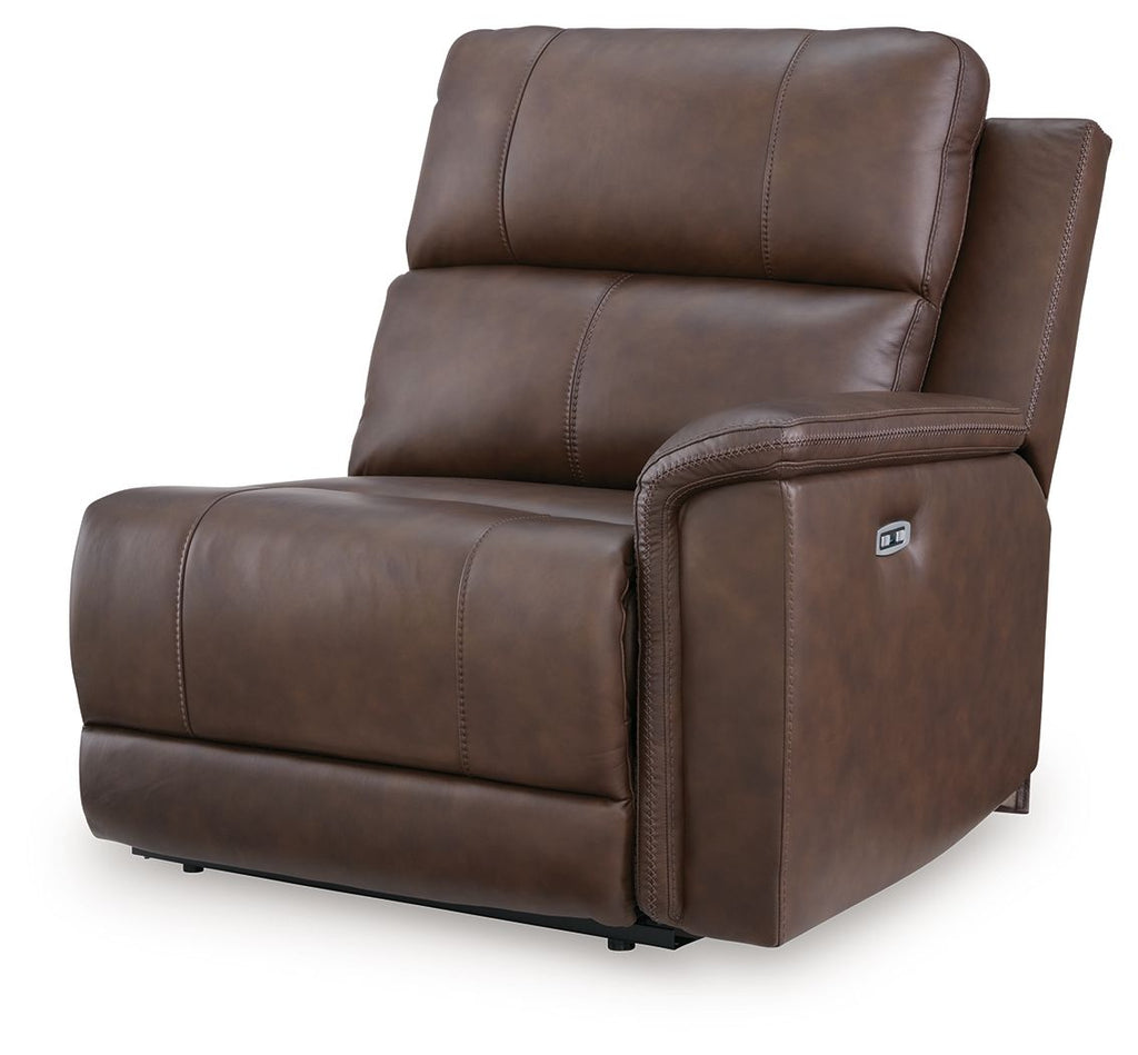 Espresso leather power recliner with padded armrests and wall-hugging design