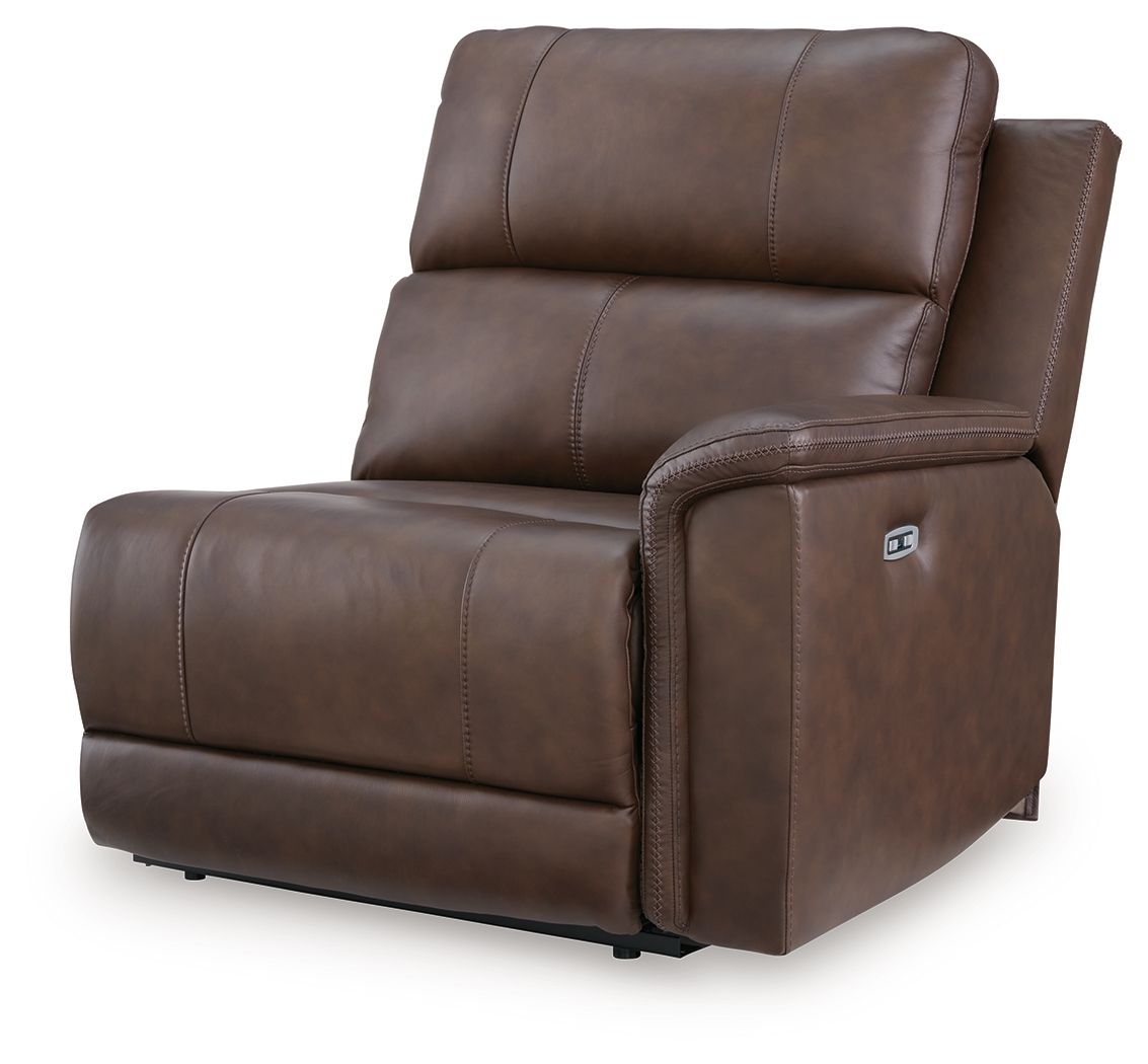 Espresso leather power recliner with padded armrests and wall-hugging design