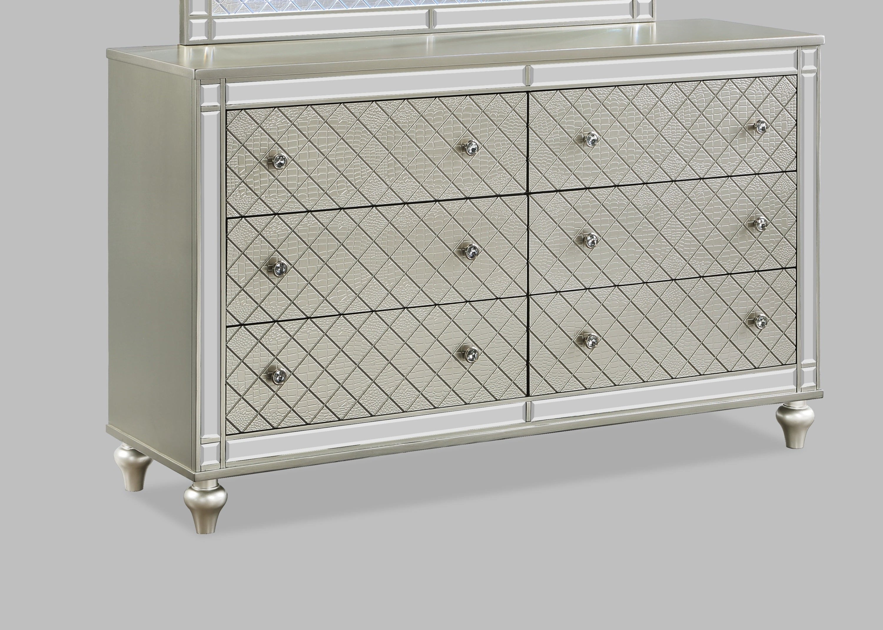Glam 6-Drawer Bedroom Dresser - Diamond Patterned Silver Finish