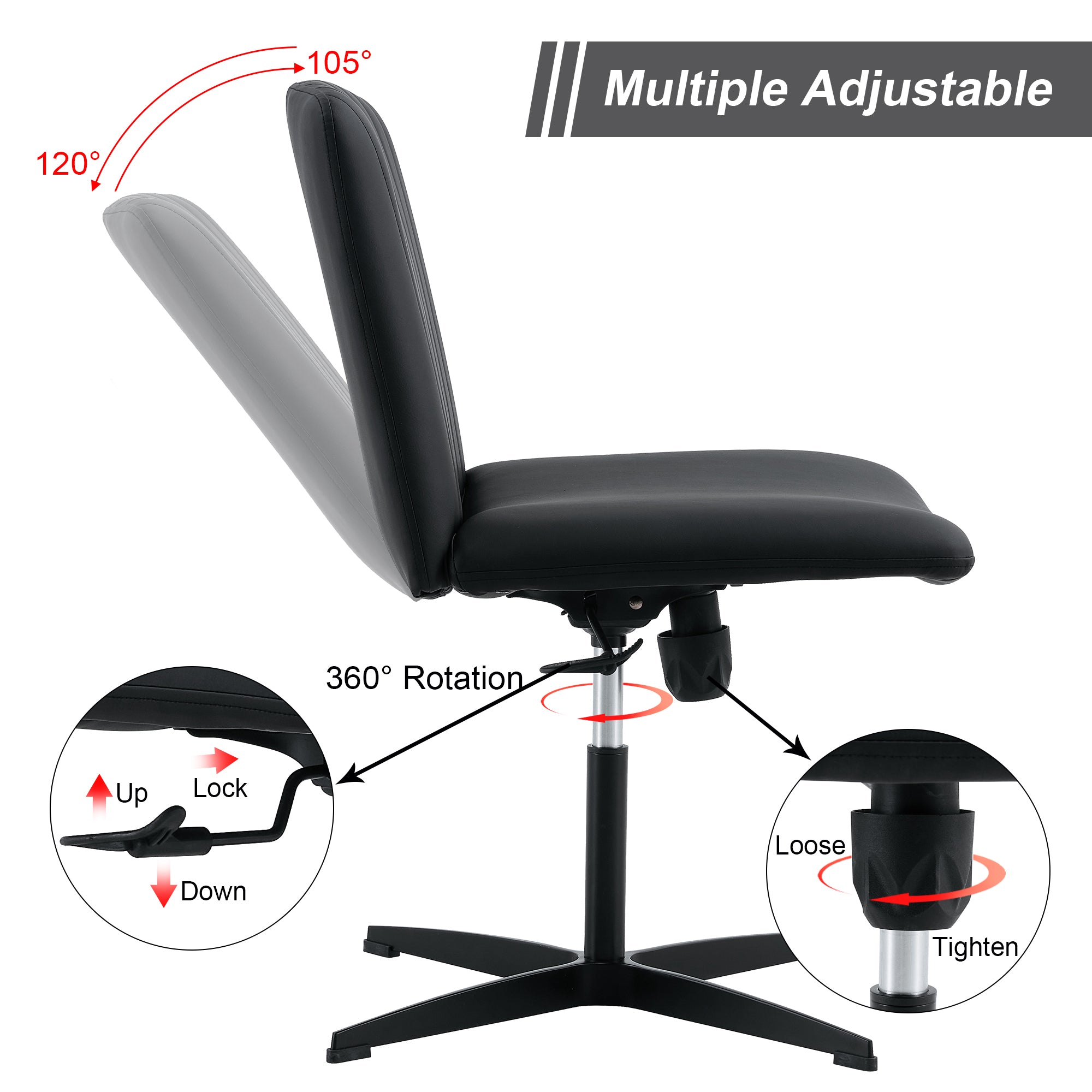 Black PU Leather Home Office Chair, 360° Swivel, No Wheels