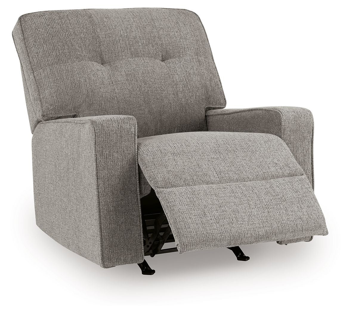 Iron fabric rocker recliner with tufted back and flip-up footrest, side view