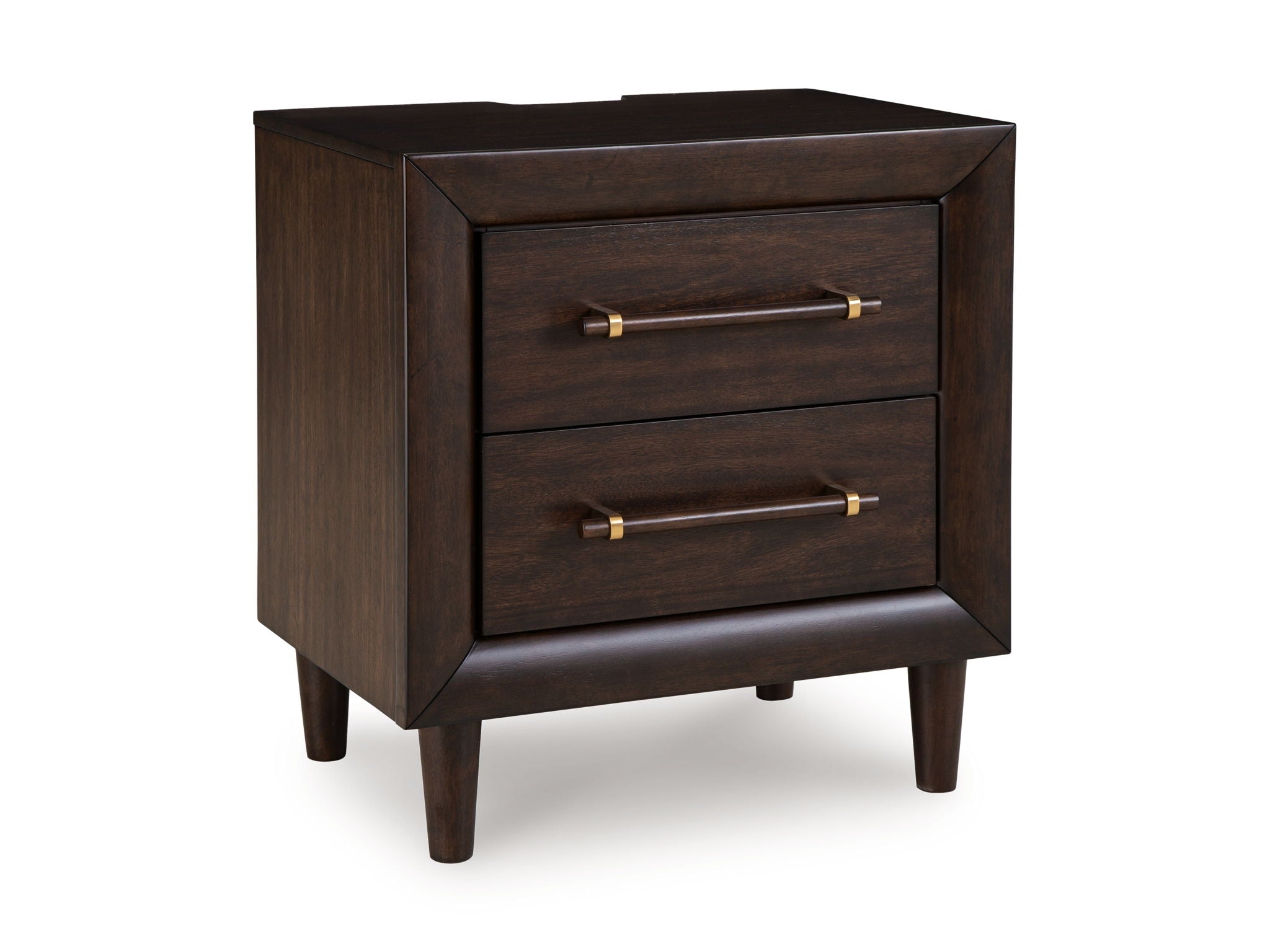 Two-drawer night stand in dark wood with two drawers and brass bar pulls, tapered legs