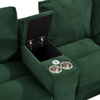 Green corduroy chaise with open storage compartment and outlet panel