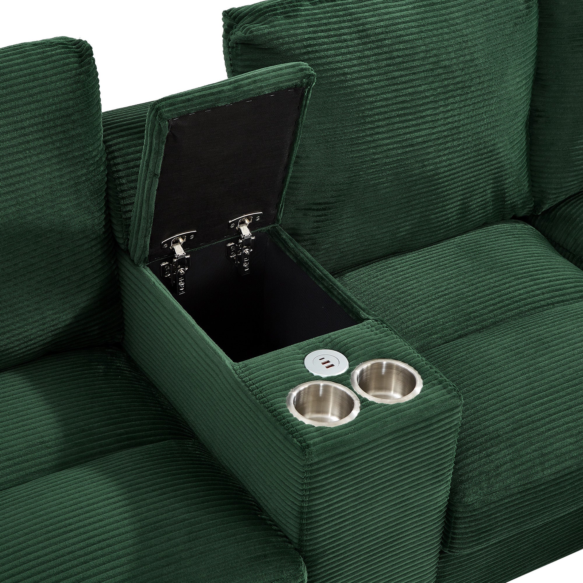 Green corduroy chaise with open storage compartment and outlet panel