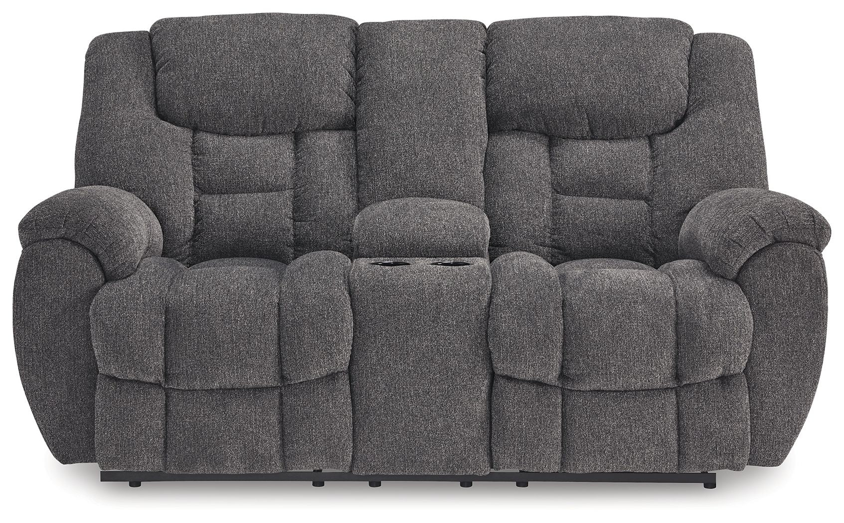 Charcoal reclining loveseat with console, squared arms and tufted back cushions