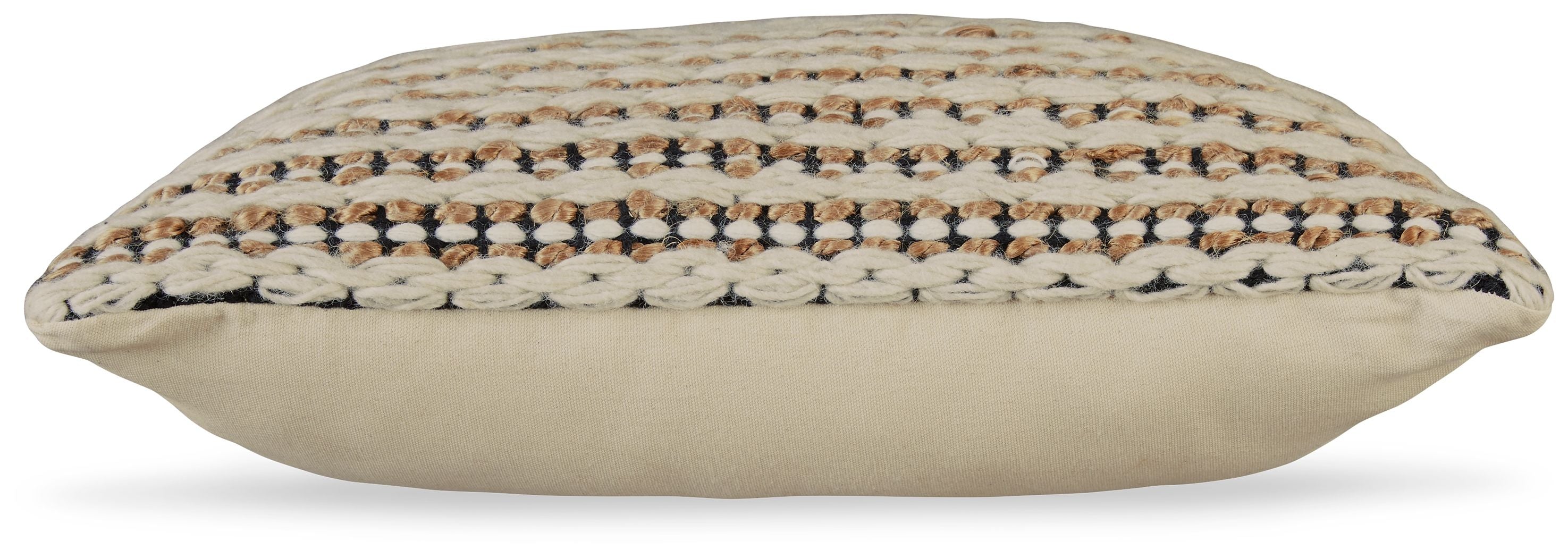 Reversible striped pillow with tan base and brown/black/white pattern