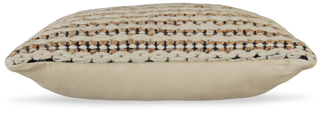 Square woven throw pillow with striped top and solid cream side panel