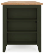 Rectangular dining counter with dark green cabinet and light wood top, three shelves
