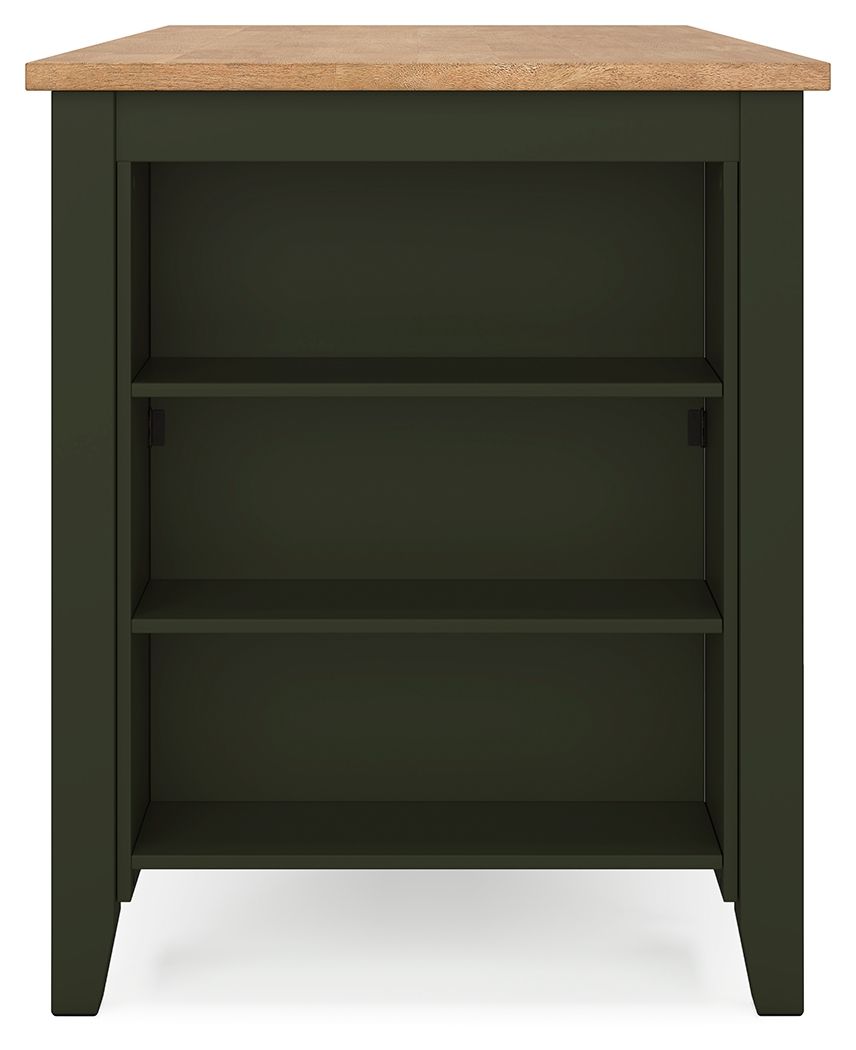 Rectangular dining counter with dark green cabinet and light wood top, three shelves