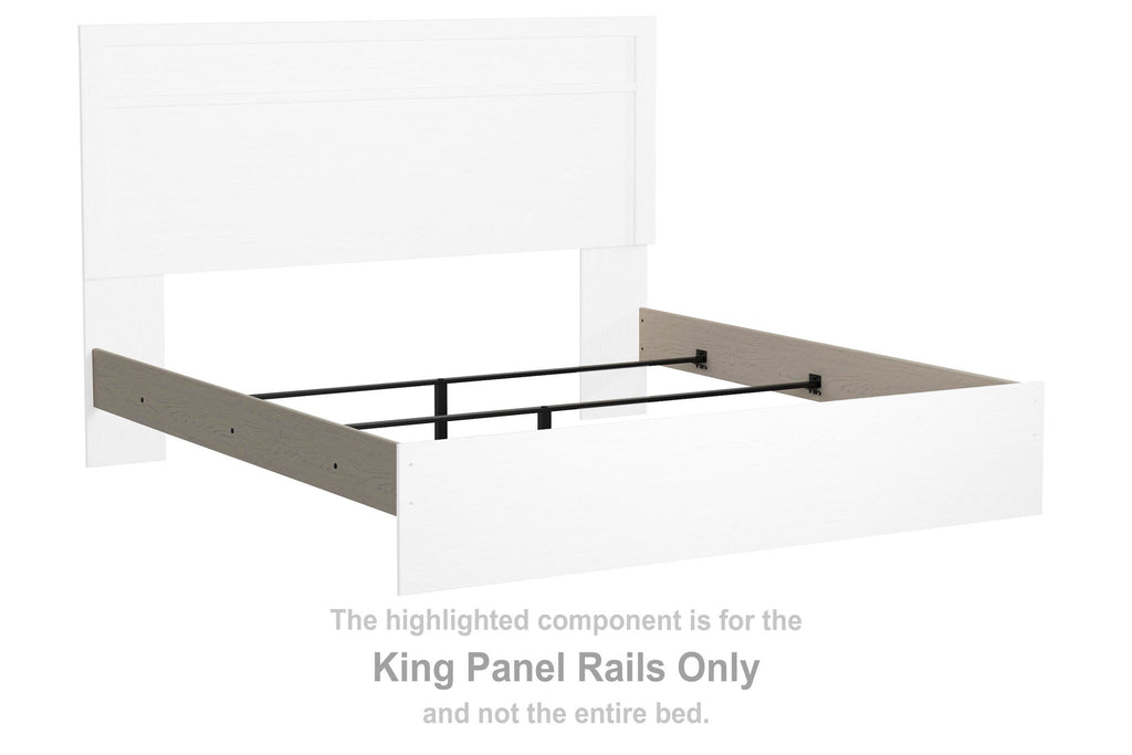 White king panel rails with black support brackets and hardware
