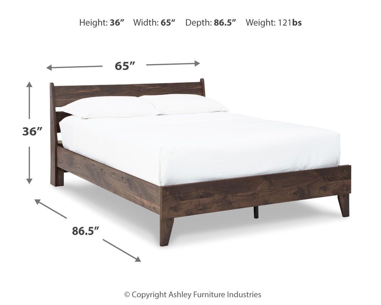 Light brown platform bed frame with paneled headboard and footboard, size diagram