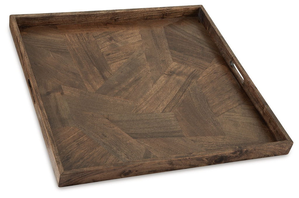 Brown wooden tray with angled corners and parquet-style wood grain pattern.