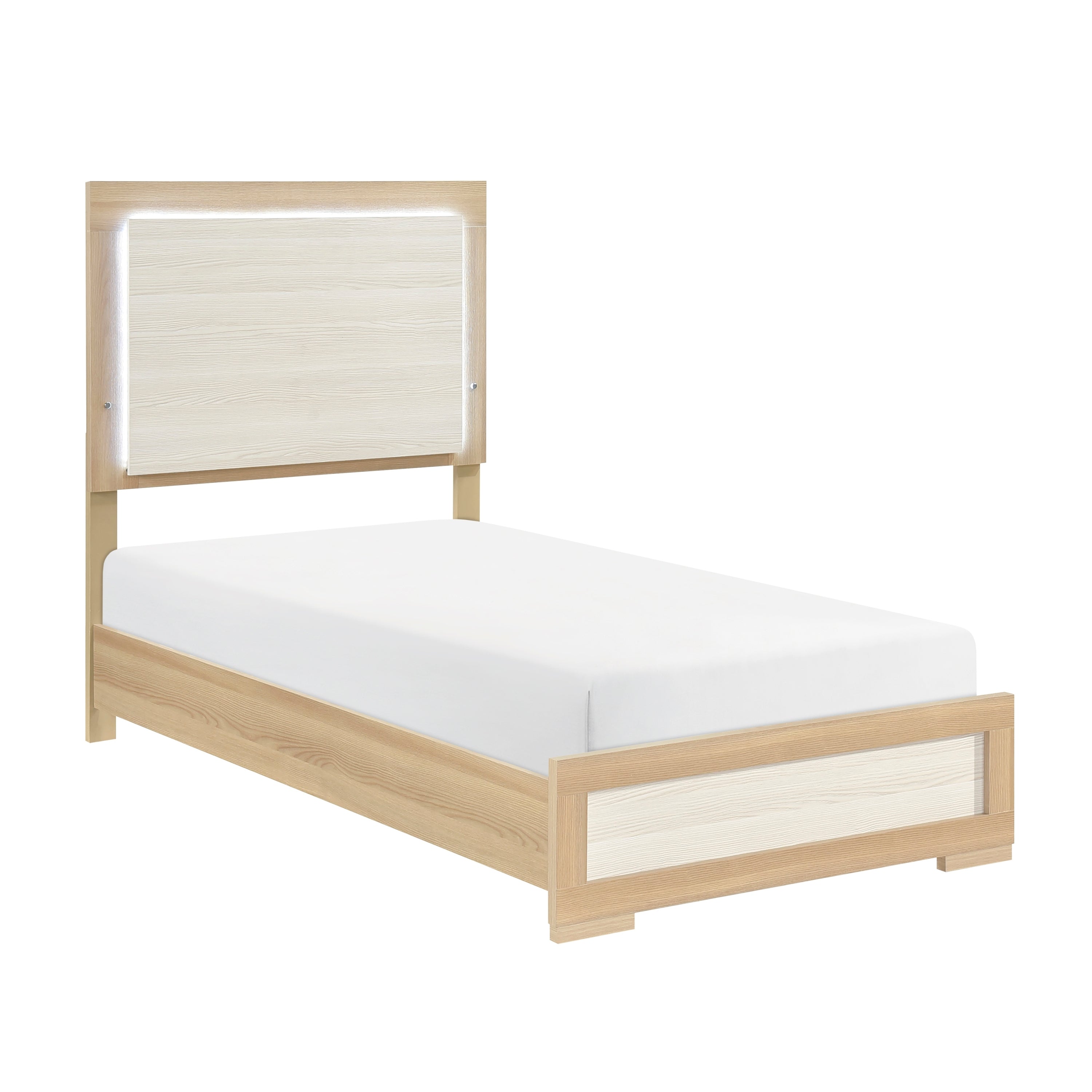 Contemporary Natural White Twin Bed LED Panel Headboard Wood
