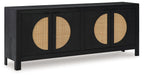 Black accent cabinet with two doors and circular natural wood insets