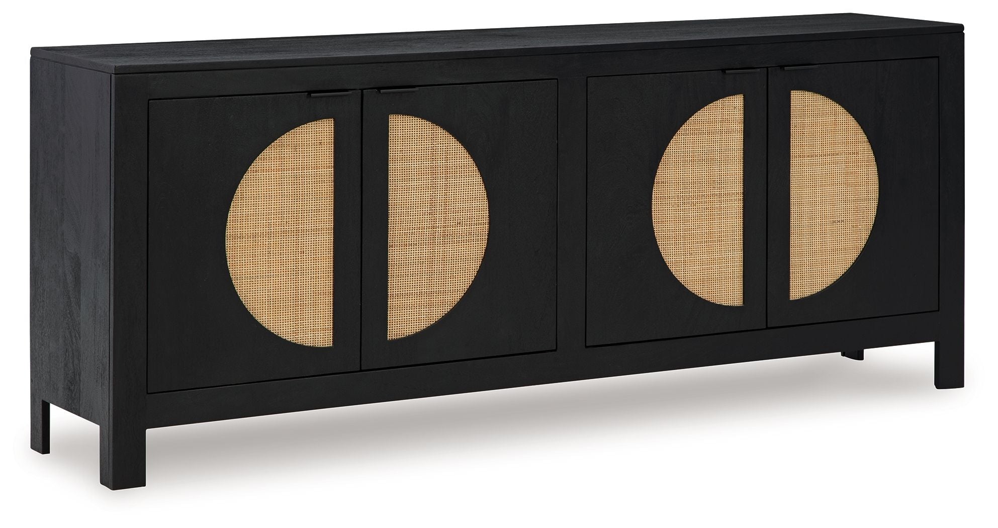 Black accent cabinet with two doors and circular natural wood insets