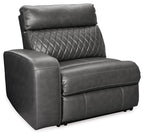 Gray power recliner chair, quilted backrest and smooth seat with footrest extended