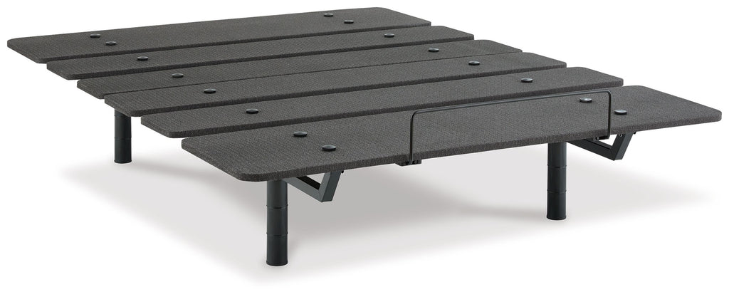 Adjustable bed base platform in black with hinged sections and four sturdy legs