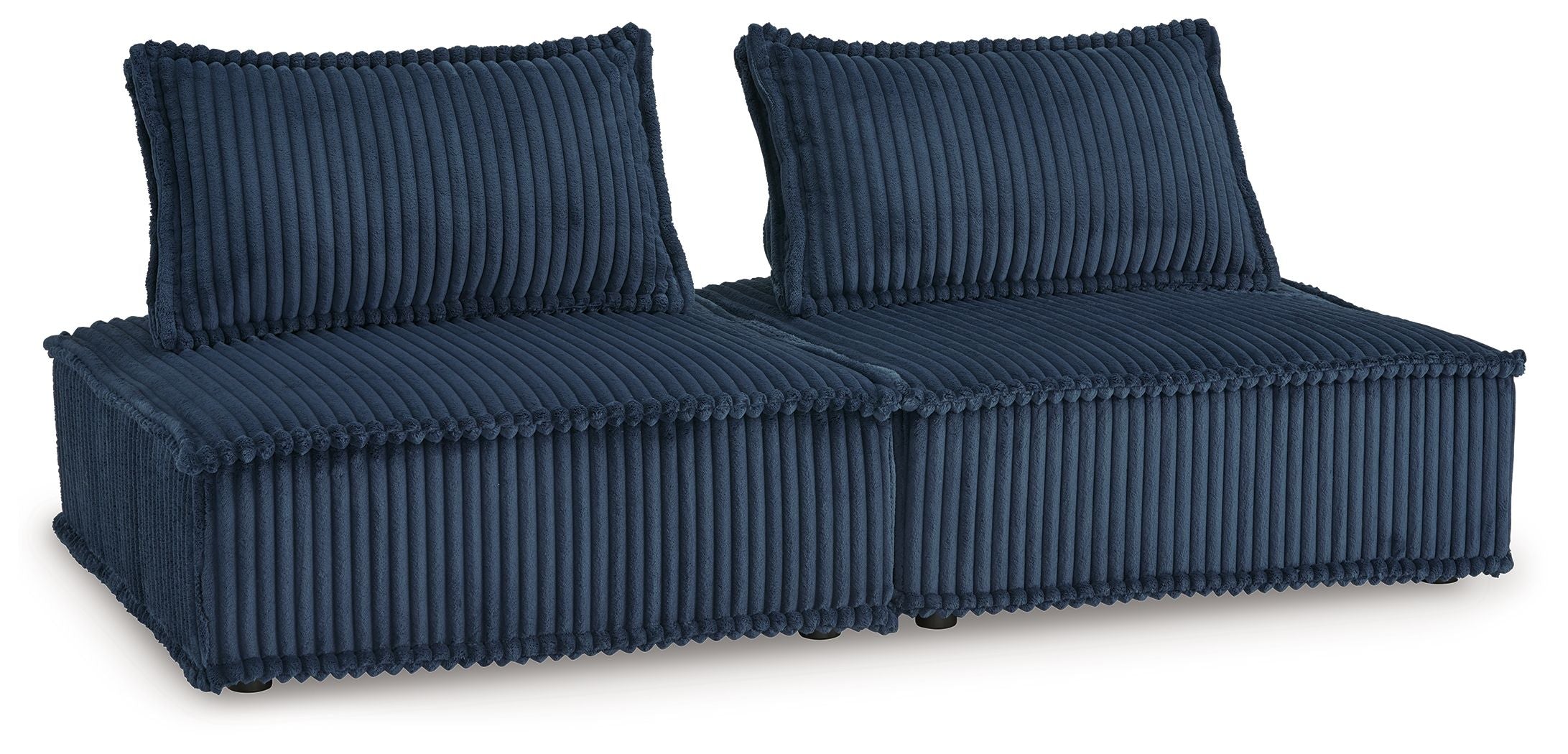 Navy modular sectional sofa with two back cushions and chaise seating