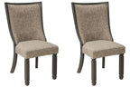 Set of 2 upholstered dining side chairs with framed backs, dark wood legs, tan fabric