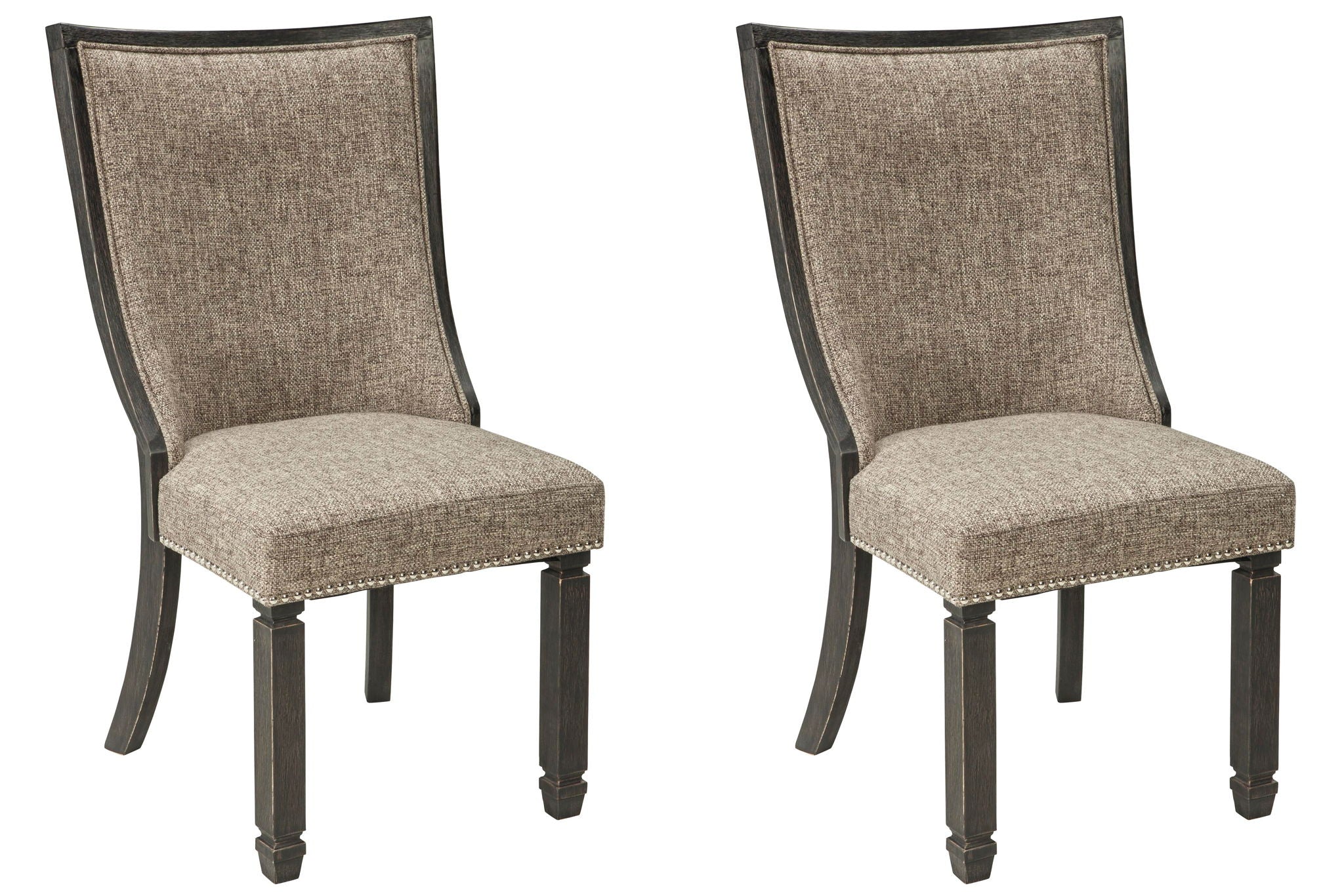Set of 2 upholstered dining side chairs with framed backs, dark wood legs, tan fabric