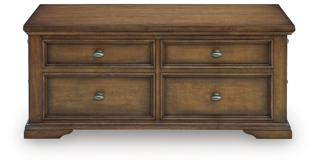 Dark brown wood table with two drawer fronts and metal pulls on the back