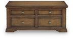 Dark brown wood table with two drawer fronts and metal pulls on the back