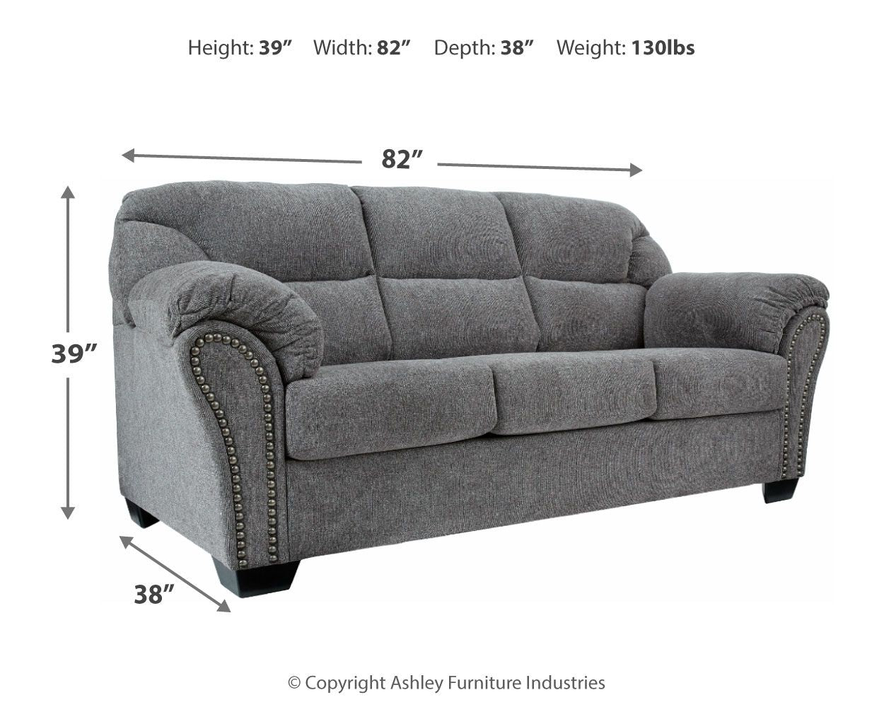Pewter gray fabric sofa with tufted cushions and studded trim along arms