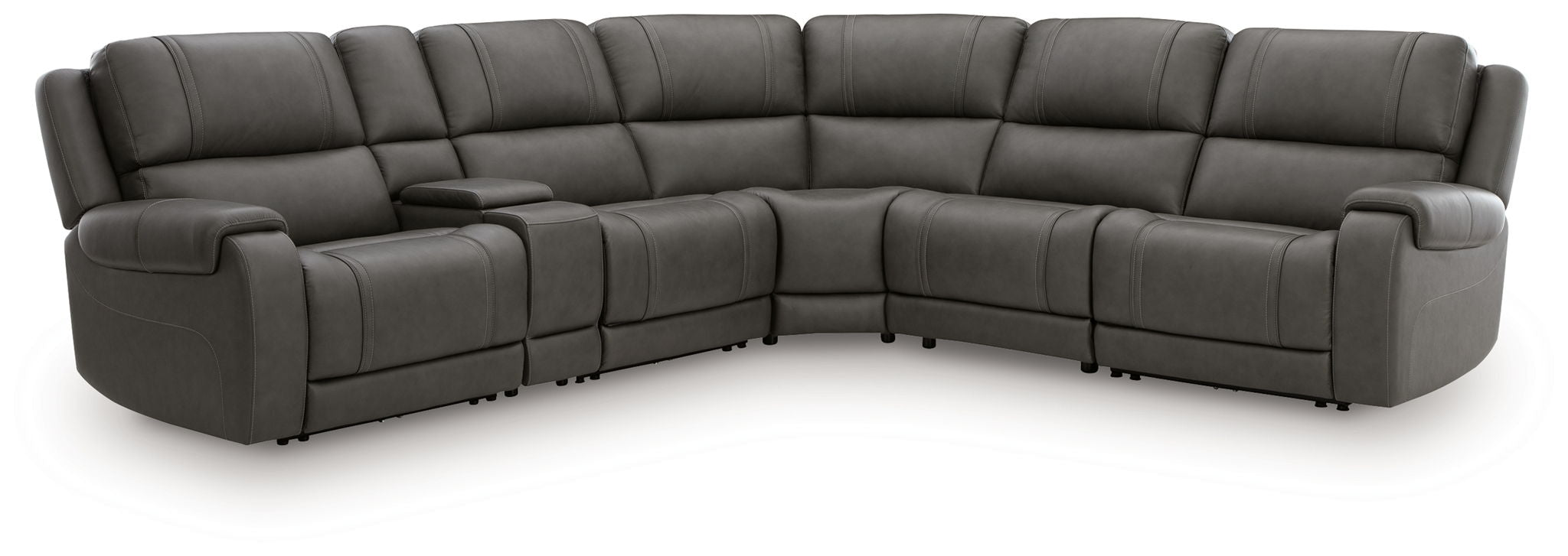 Charcoal power reclining sectional with corner layout, deep seats, and padded armrests