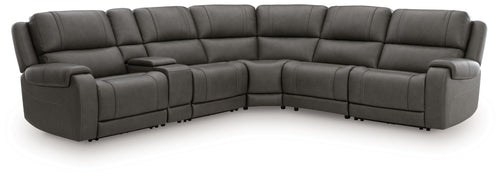 Charcoal power reclining sectional with corner layout, deep seats, and padded armrests