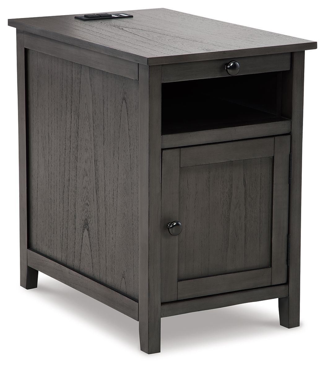 Gray chair side end table with open shelf, cabinet door, and round hardware pulls