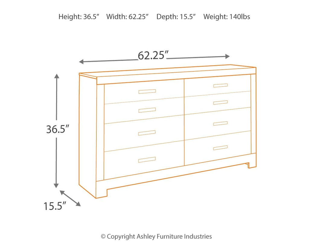 Gray dresser dimensions diagram showing width 62.25", height 36.5", depth 15.5"