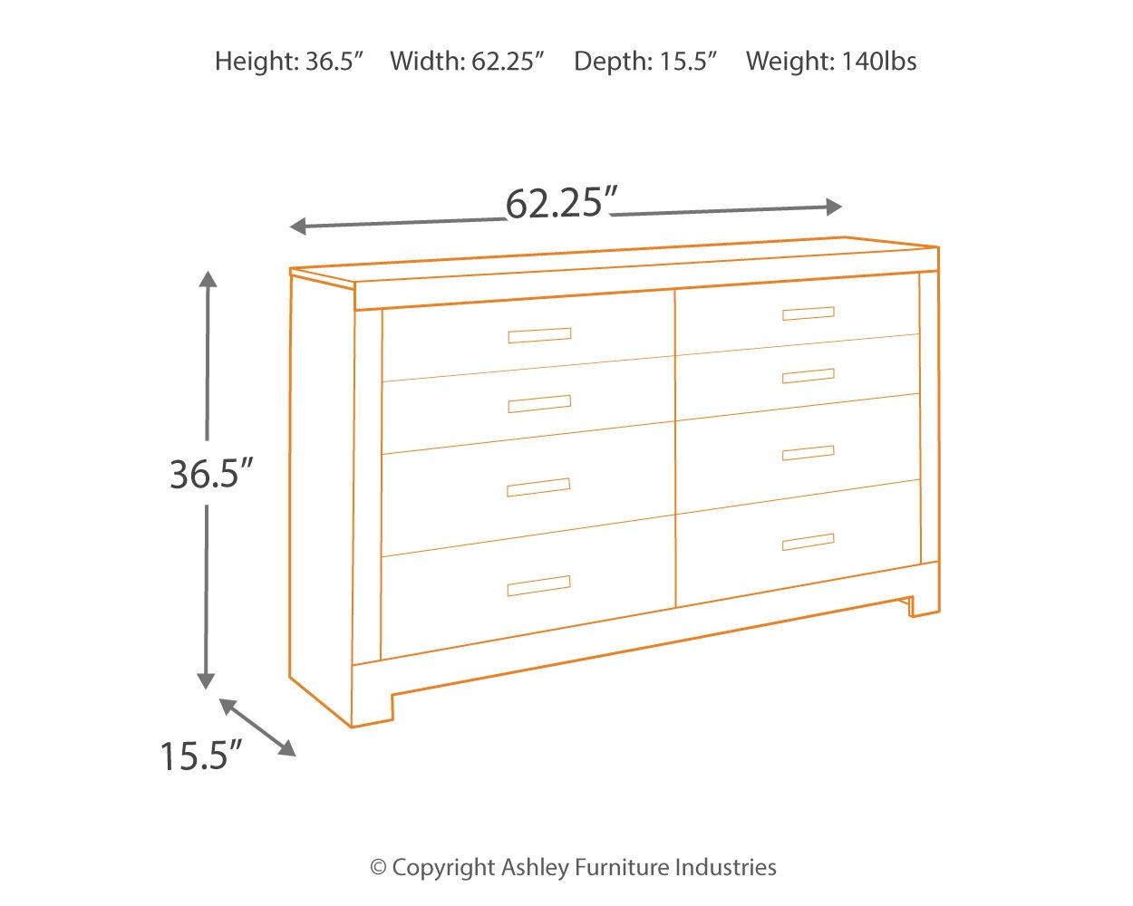Gray dresser dimensions diagram showing width 62.25", height 36.5", depth 15.5"