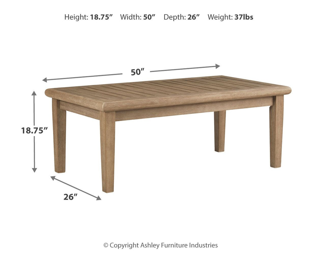 Brown rectangular cocktail table: 50"W x 26"D x 18.75"H, slatted top