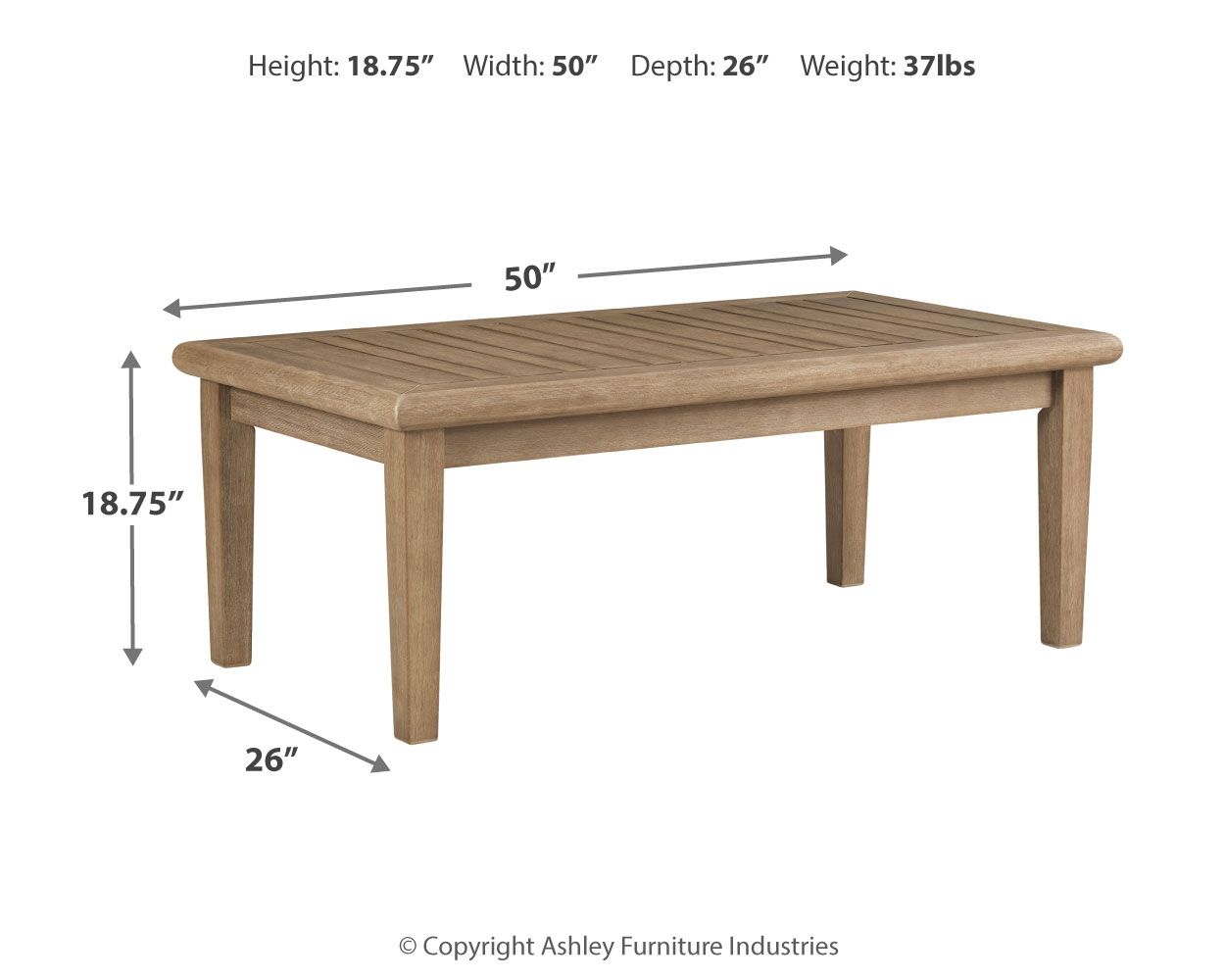 Brown rectangular cocktail table: 50"W x 26"D x 18.75"H, slatted top