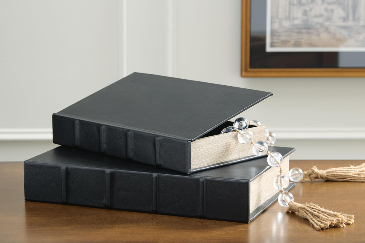 Black box set of 2 fabric storage boxes with lidded top, on tabletop
