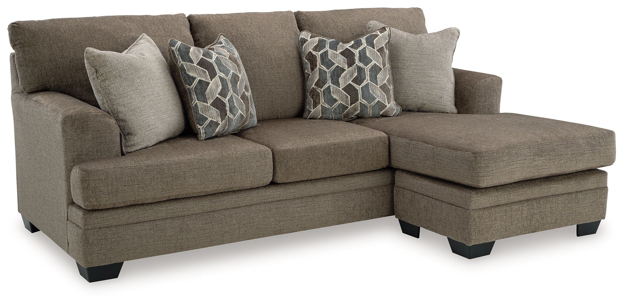 L-shape sectional sofa with chaise in medium brown fabric and three geometric throw pillows