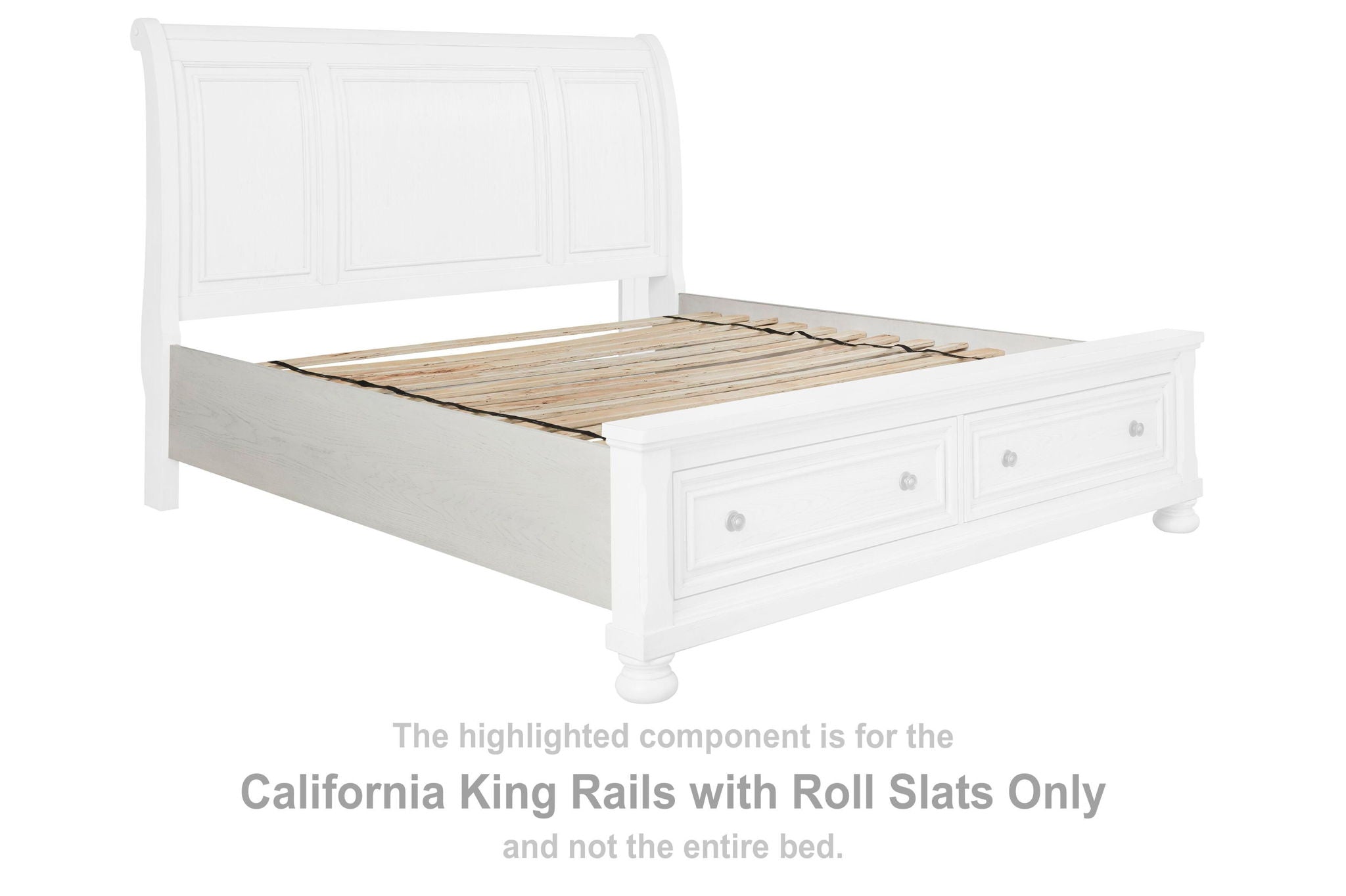 Antique white bed frame with roll slats, paneled headboard, and drawer fronts