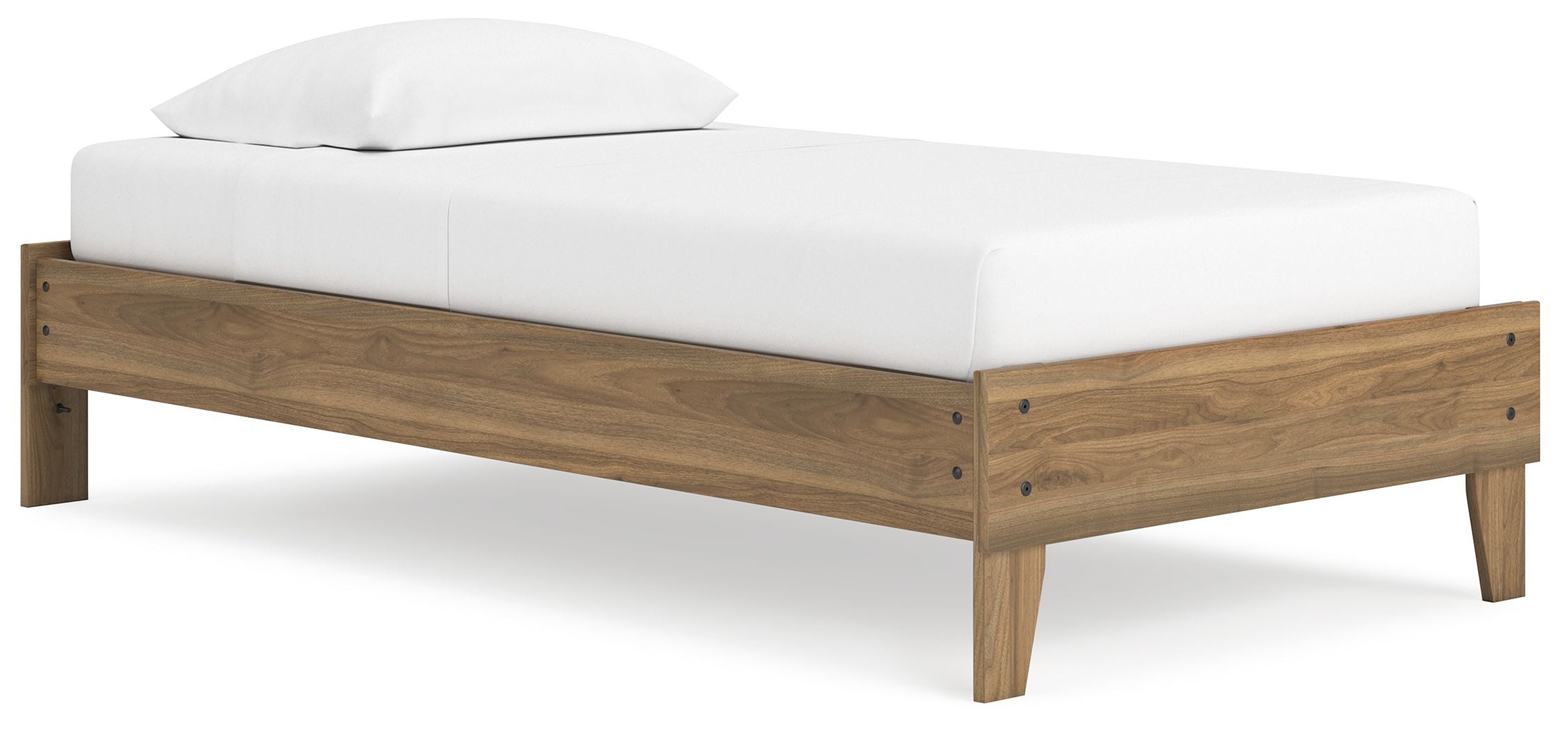 Light brown platform bed frame with white upholstered mattress and headboard