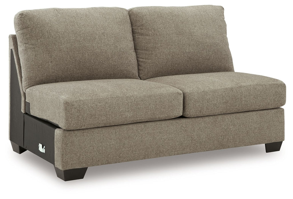 Beige armless full sleeper with two back cushions and padded seat, textured upholstery