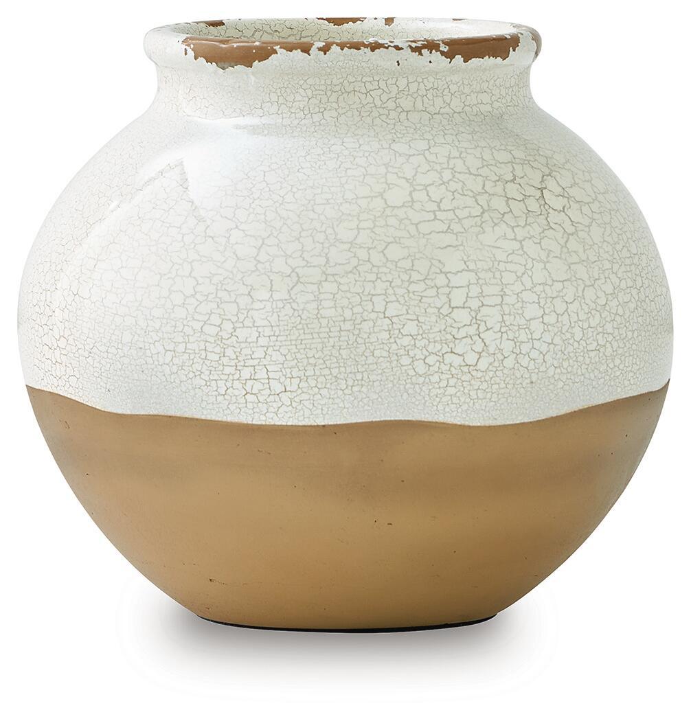 Vercott white ceramic vase with crackle glaze and tan base, wide round shape