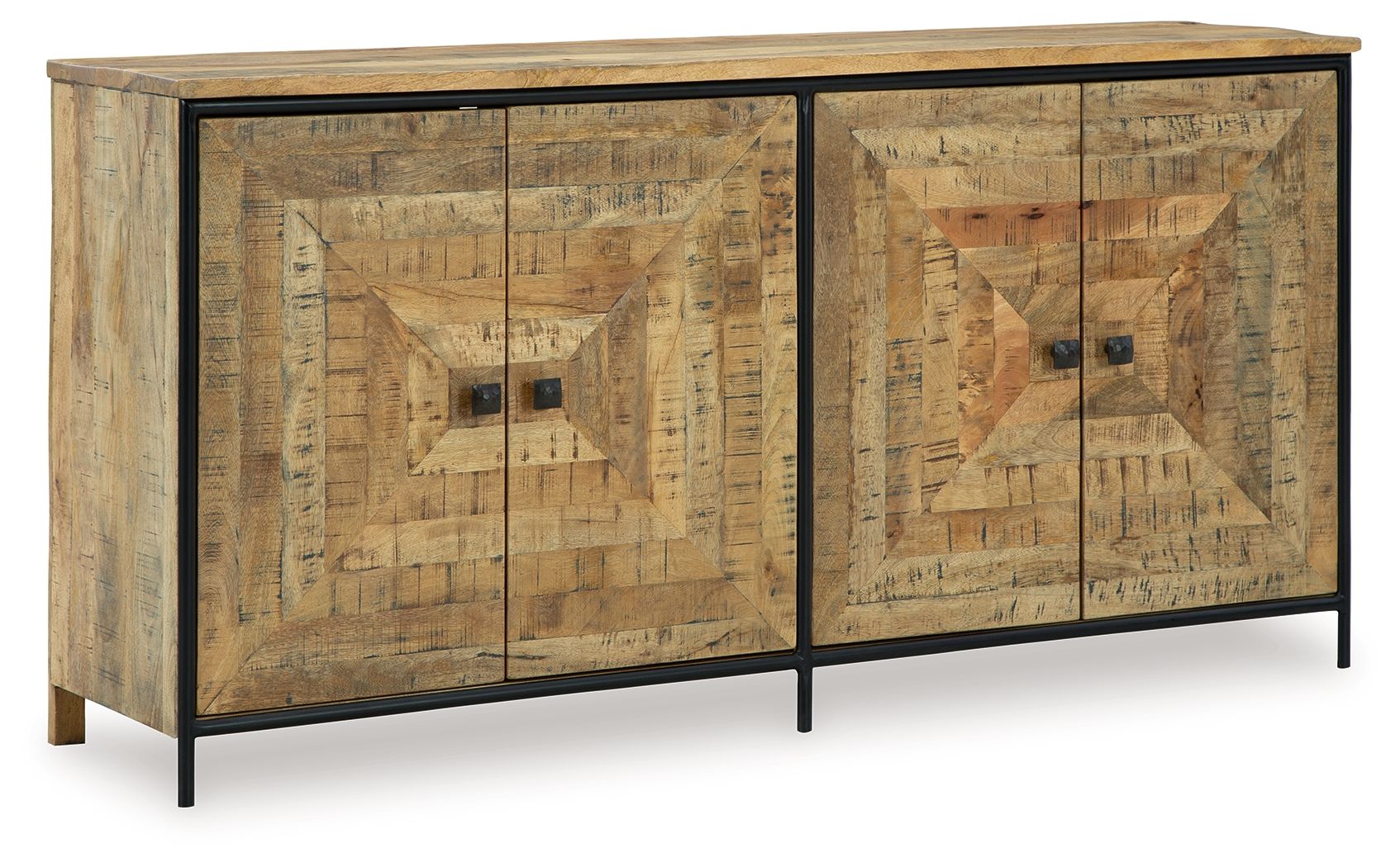 Brown accent cabinet with black double doors and black metal legs