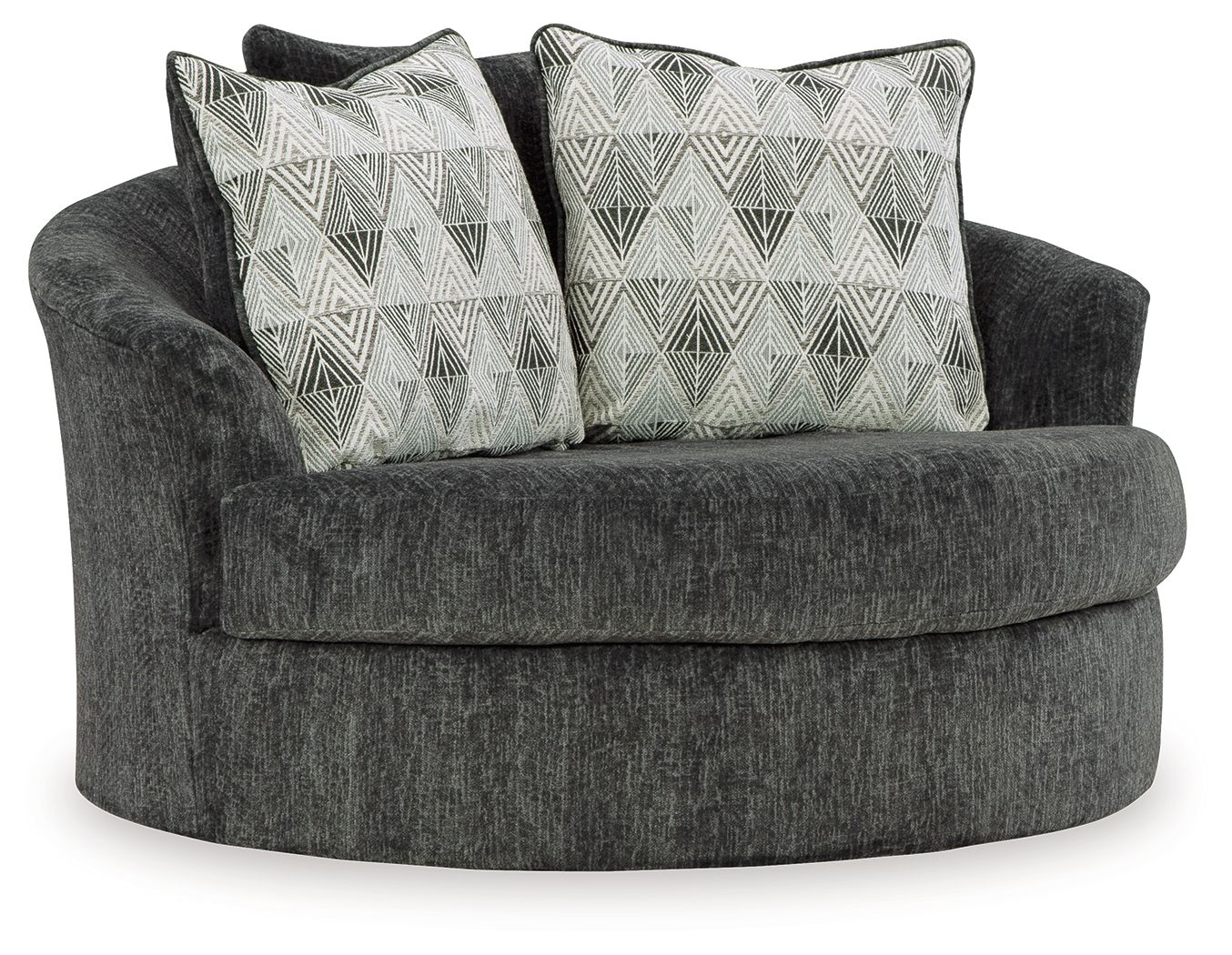 Dark gray oversized swivel accent chair with two white-and-black patterned cushions