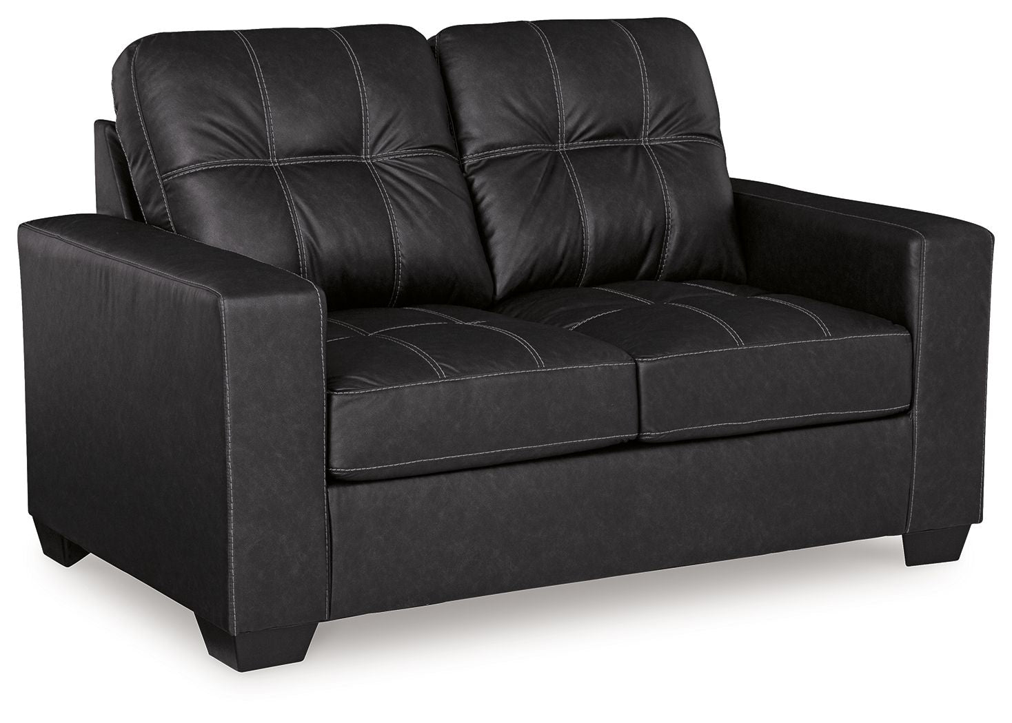 Black loveseat with tufted back, padded arms, and cushioned seat panels