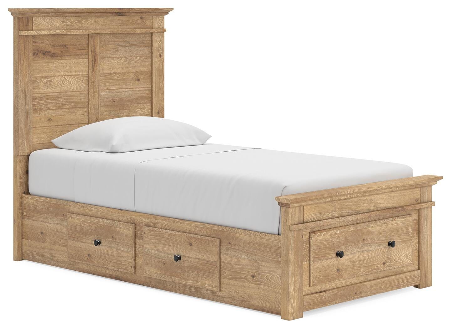 Panel storage bed with light brown wood frame, upholstered white mattress, and two front drawers