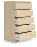 Light brown five-drawer chest, side view showing drawer slides and metal pulls