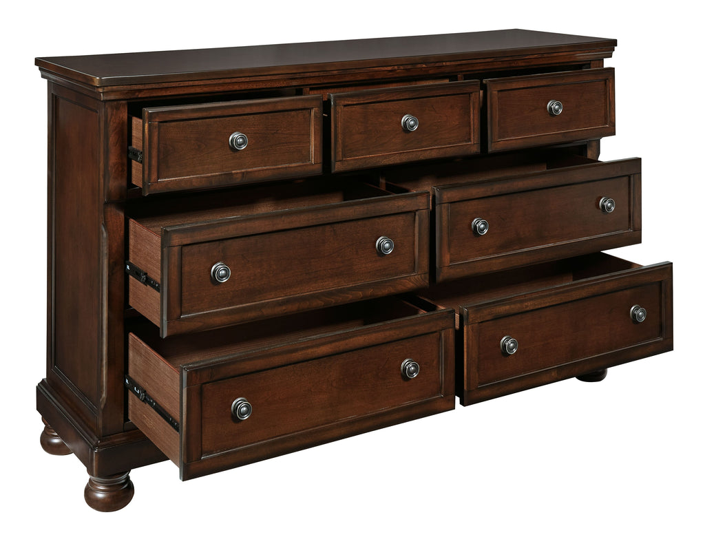 Porter dresser in rustic brown with three rows of drawers and round metal pulls