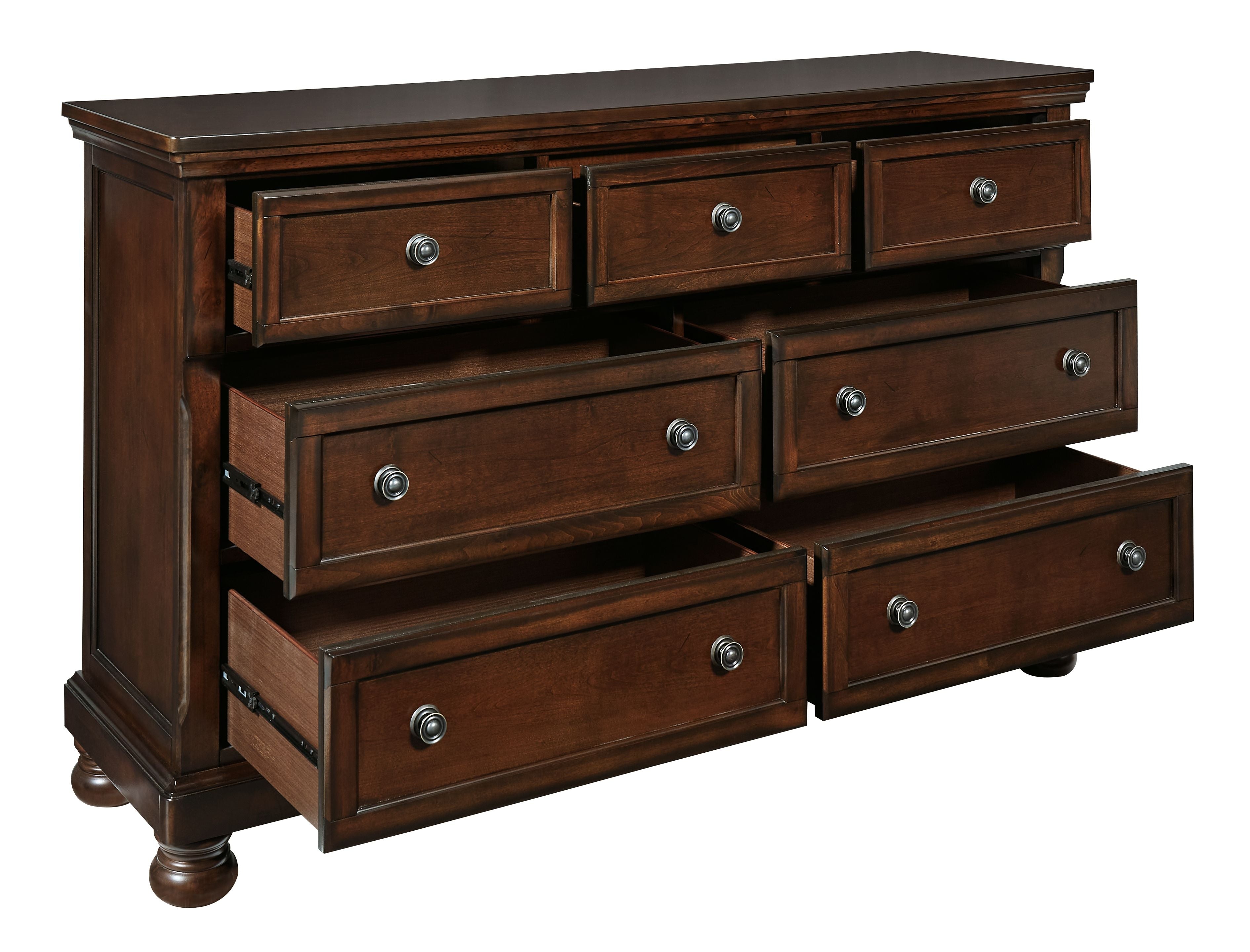 Porter dresser in rustic brown with three rows of drawers and round metal pulls