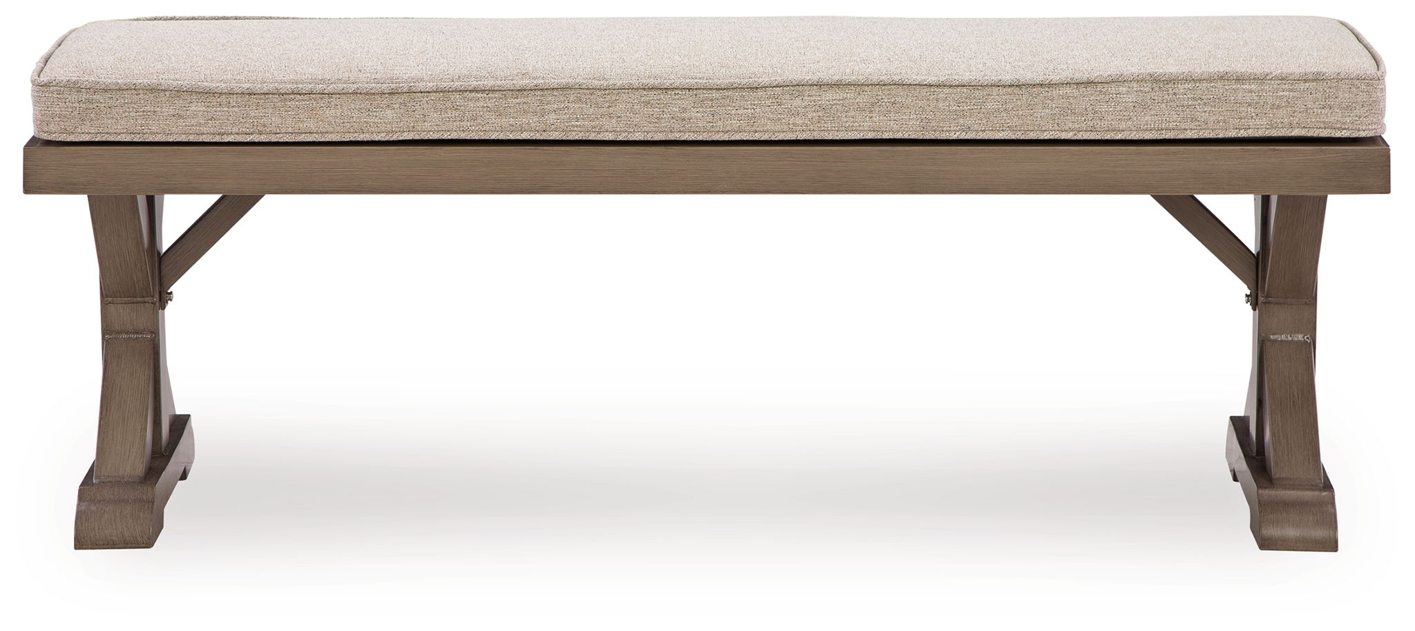 Beige padded bench seat with dark wood frame and tapered legs